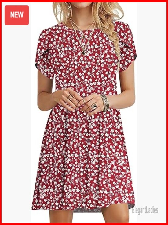 Dresses & Skirts - Casual Crewneck Petal Sleeve Swing Dress with Pockets